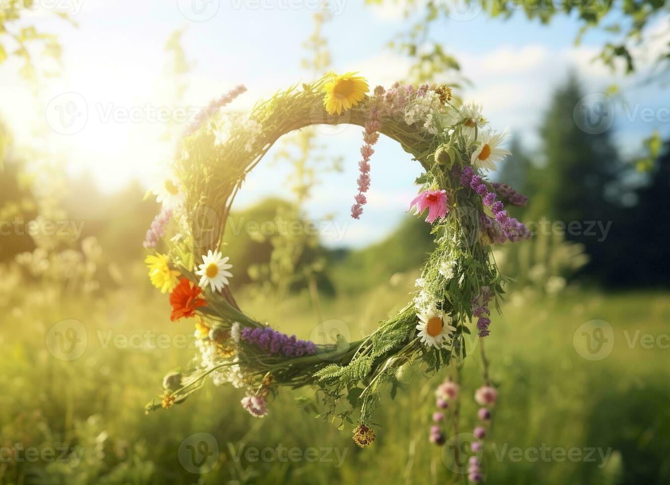 AI generated Rustic wildflowers wreath on a sunny meadow. Summer Solstice Day, Midsummer concept. Generative AI photo