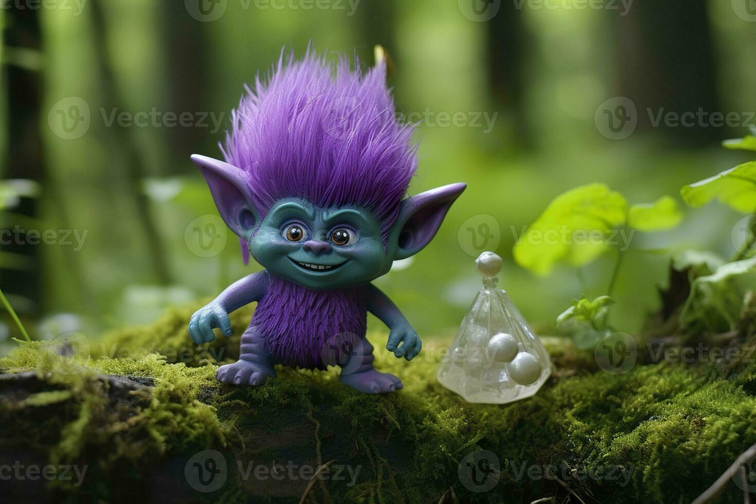 AI generated Tale troll with crystals in the forest, natural green background. Generative AI photo