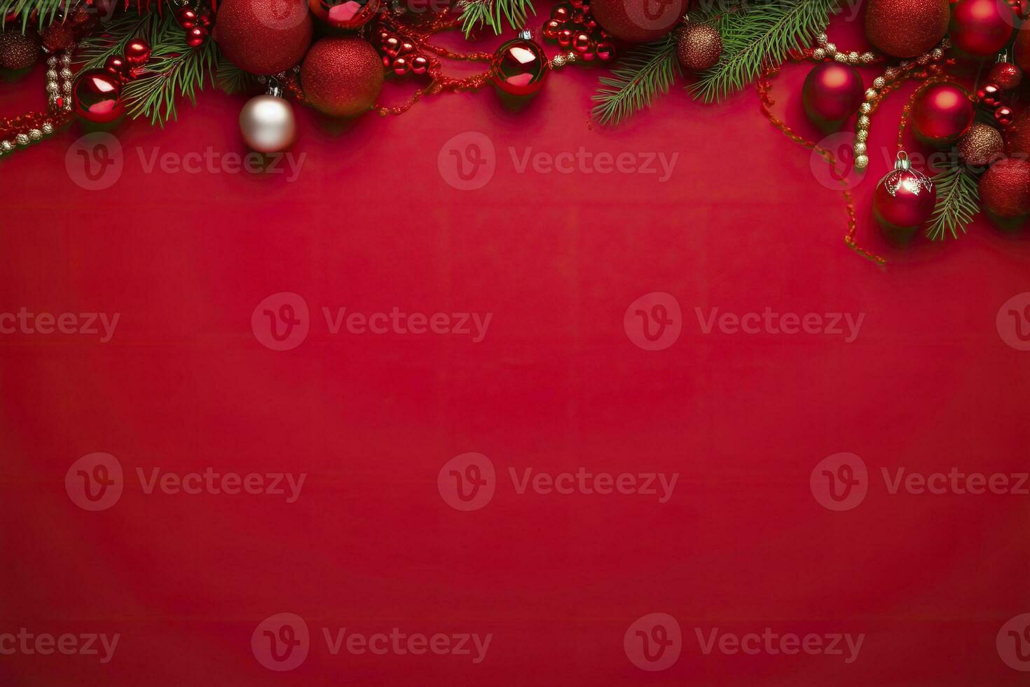 AI generated Christmas or New Year red background with fir decor. AI Generated photo