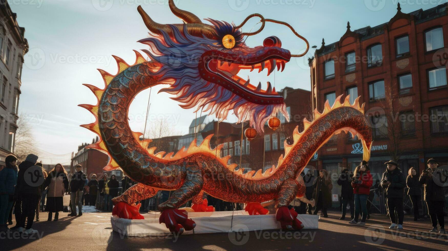 AI generated Chinese Dragon under a bright sky. AI Generated photo