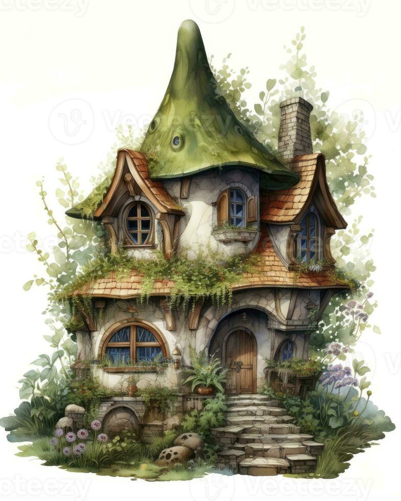 AI generated Watercolor mossy cottage isolated on white background. AI Generated photo