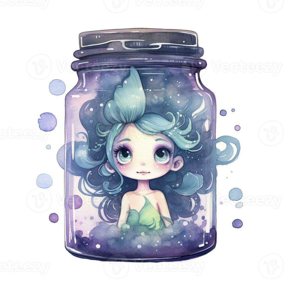 AI generated Watercolor Fantasy Pastel Goth Tiny Fairy in a Jar. AI Generated photo