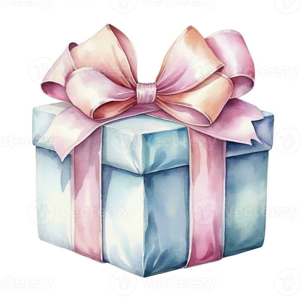 AI generated Watercolor birthday present with bow isolated on white background.  AI Generated photo