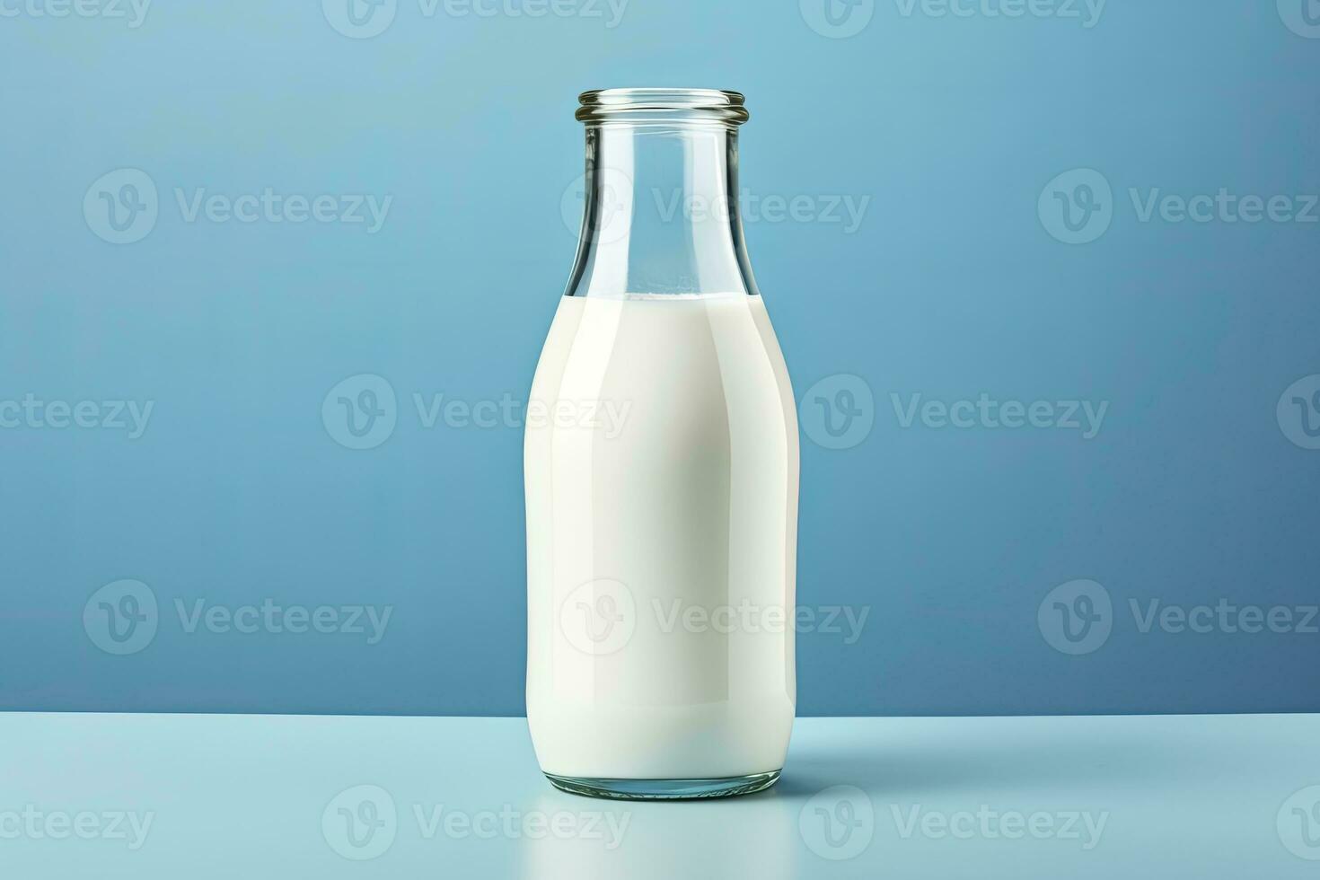 AI generated A glass bottle with full milk on blue background. AI Generated photo