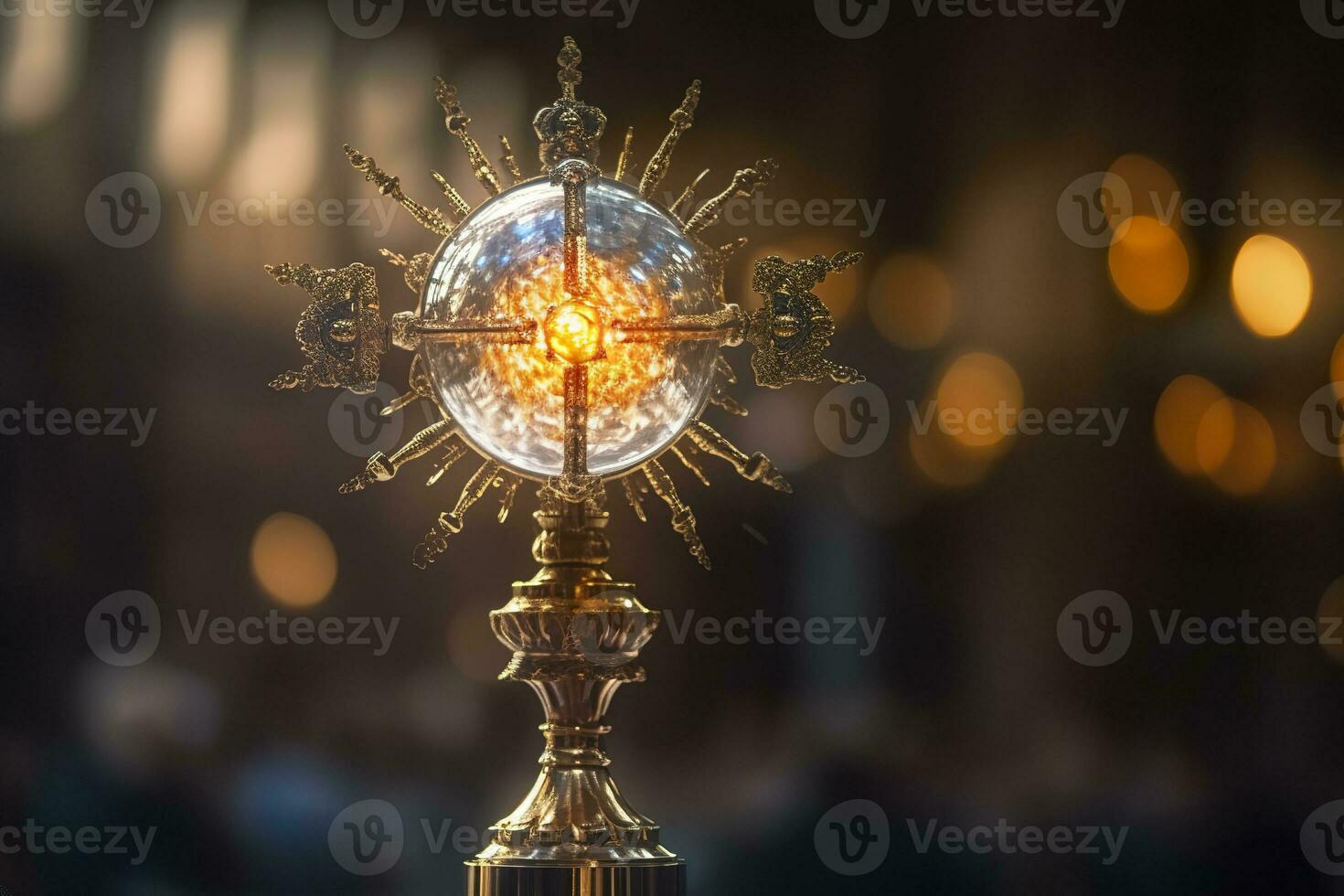 AI generated The golden monstrance with a little transparent crystal center, consecrated host. church defocused background. AI Generative photo