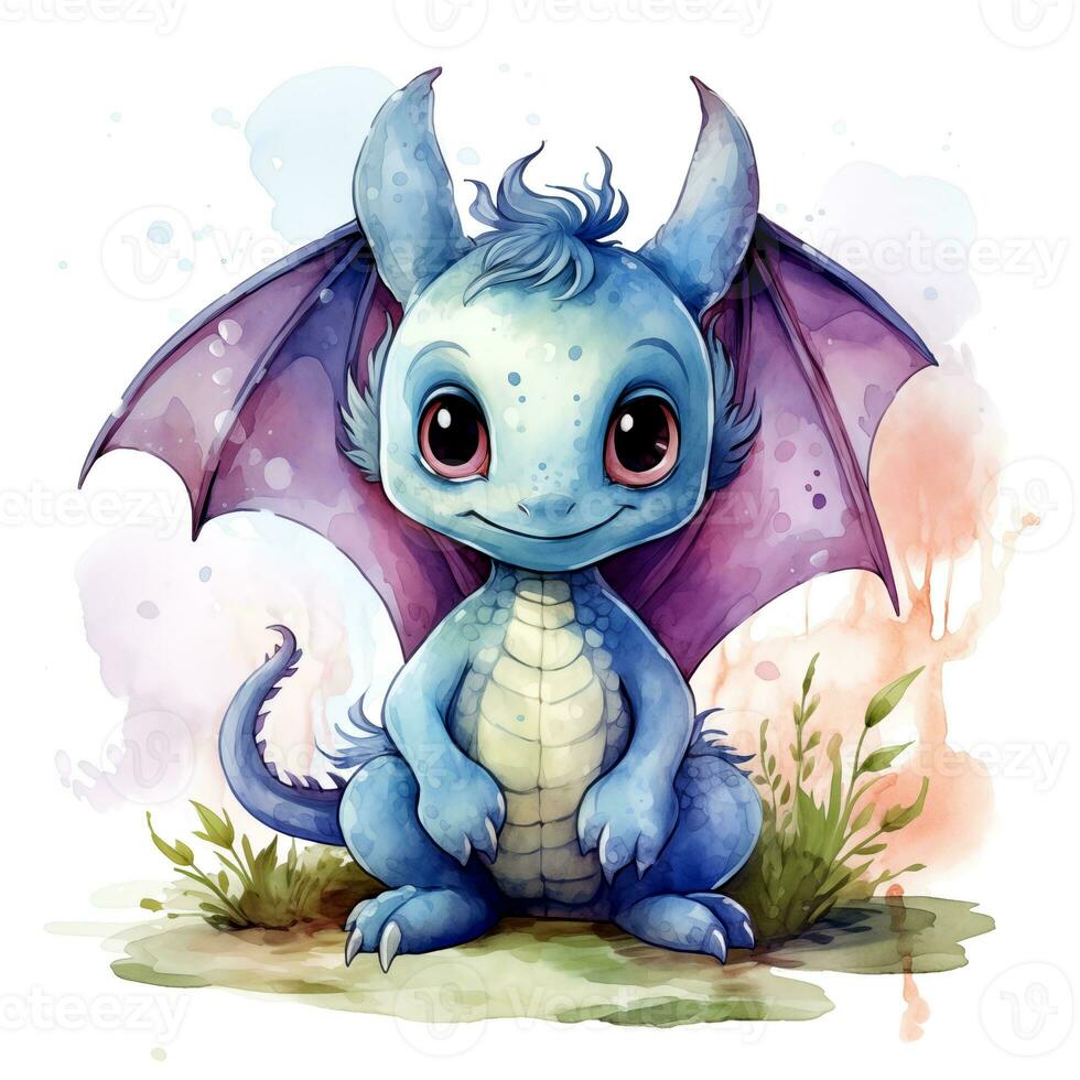 AI generated Cute Watercolor Dragon. TShirt Sticker. AI generated. photo
