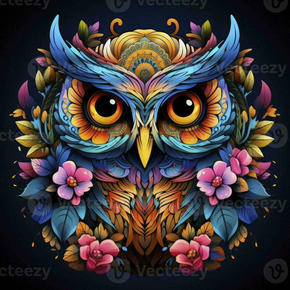 AI generated Multicolored mandala owl coloring page for adults. AI Generated photo