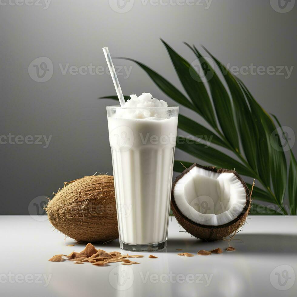 AI generated Coconut milk shake glass with fresh sliced coconut. Generative AI photo