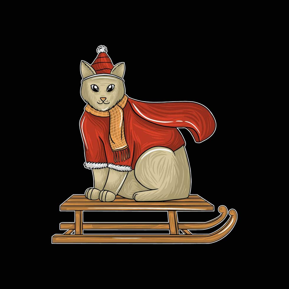 Cat wearing a Christmas costume standing on a wooden surfboard vector