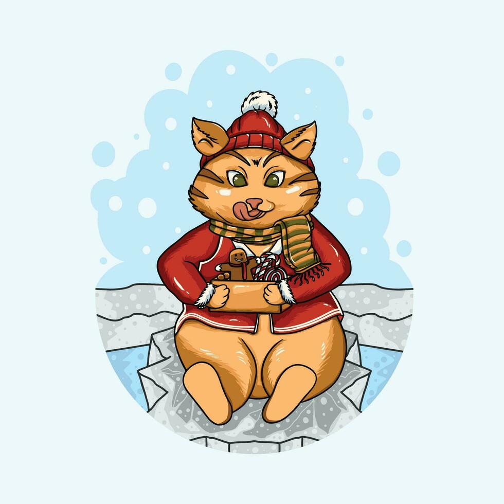 Cute cat gets a gift at christmas vector