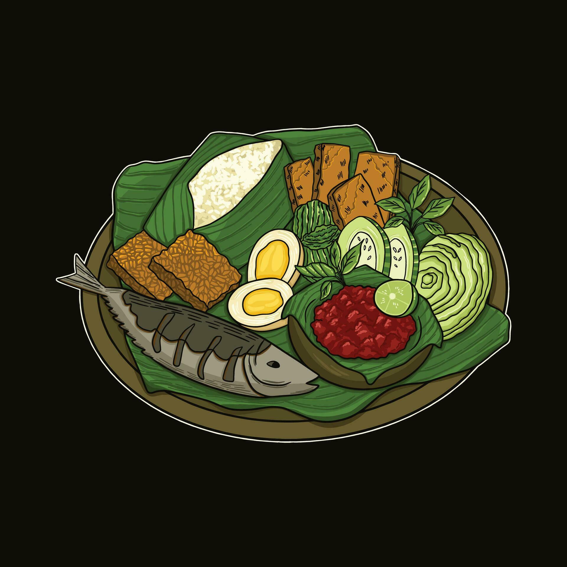 Delicious traditional Indonesian food containing fish, eggs, rice