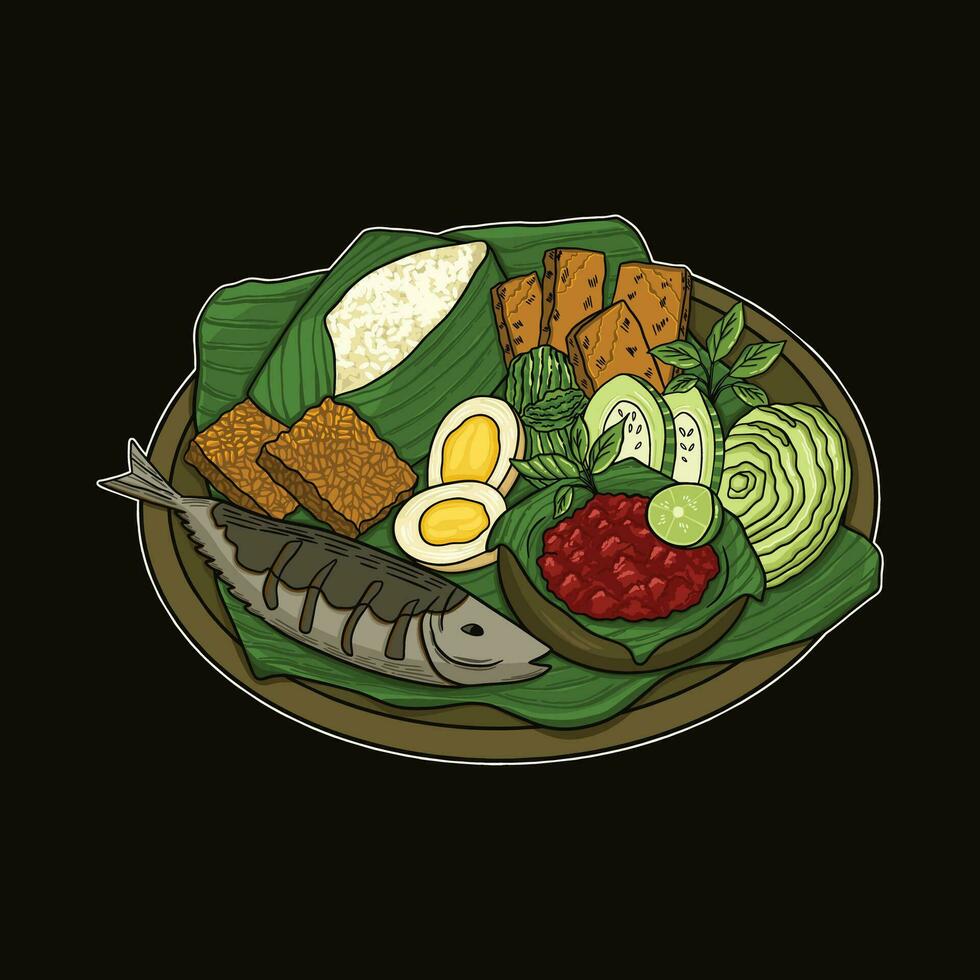 delicioso tradicional indonesio comida conteniendo pez, huevos, arroz, tempeh, tofu, verduras, chile vector