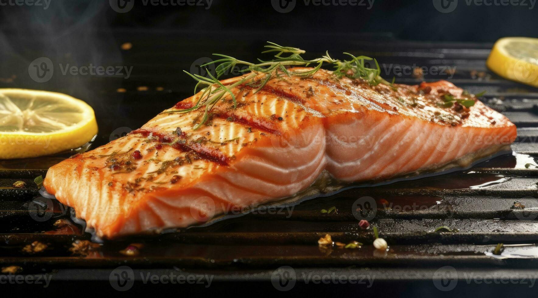 AI generated Gourmet cutlet of fresh salmon seasoned with herbs, spices, and lemon zest grilling on a griddle. AI Generated. photo