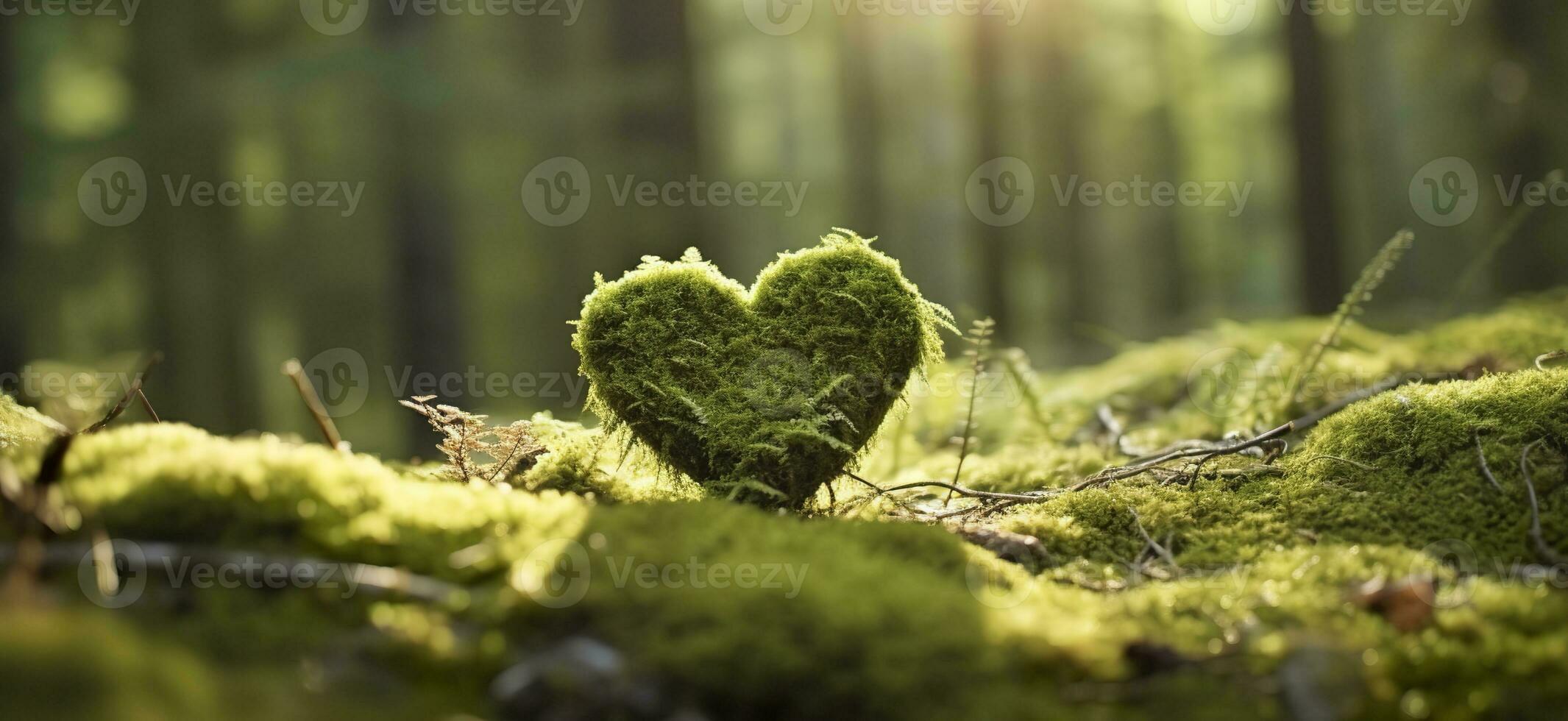 AI generated Closeup of wooden heart on moss. Natural burial grave in the woods. Generative AI photo