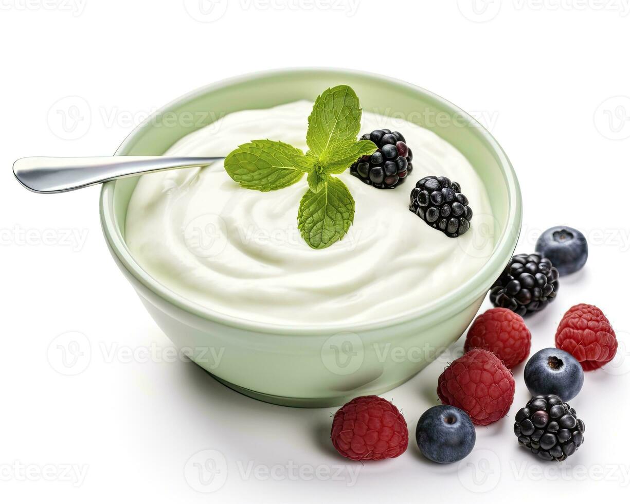 AI generated Green bowl of greek yogurt and fresh berries isolated on white background. AI Generated photo