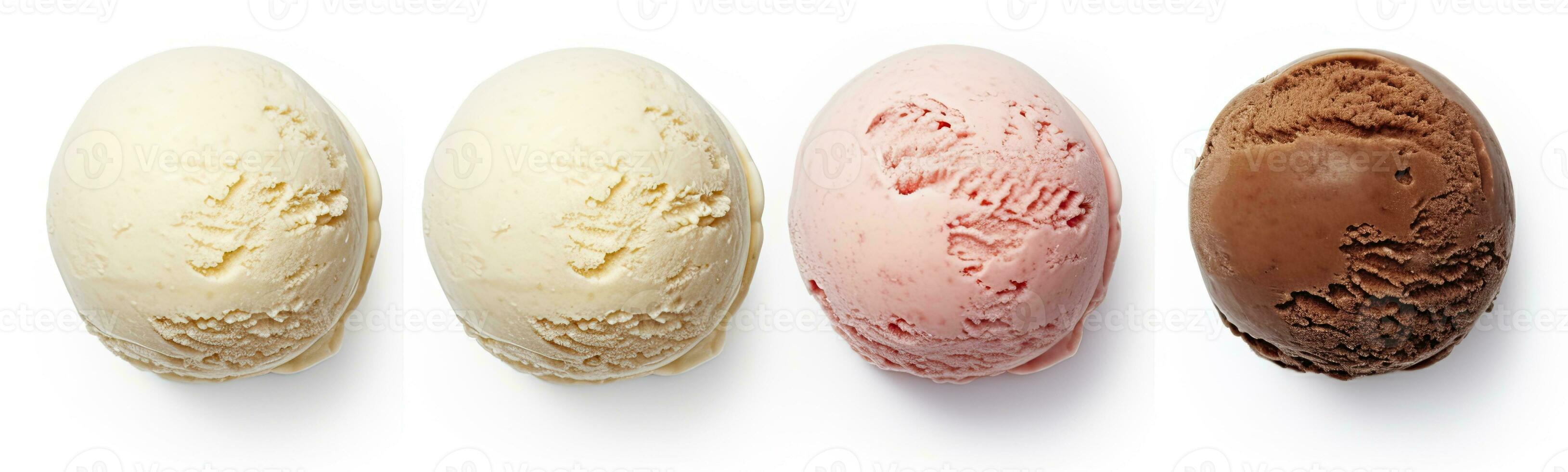 AI generated Set of four various ice cream balls or scoops isolated on white background. AI Generated photo