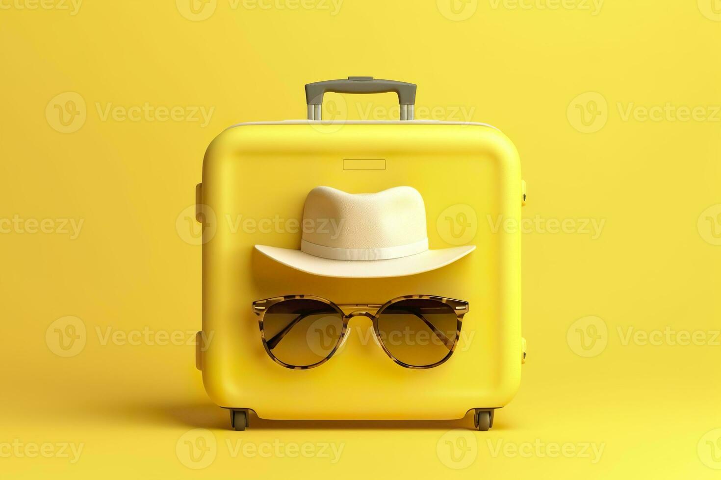 ai generado amarillo maleta con Dom lentes y sombrero en amarillo antecedentes. viaje concepto. generativo ai foto