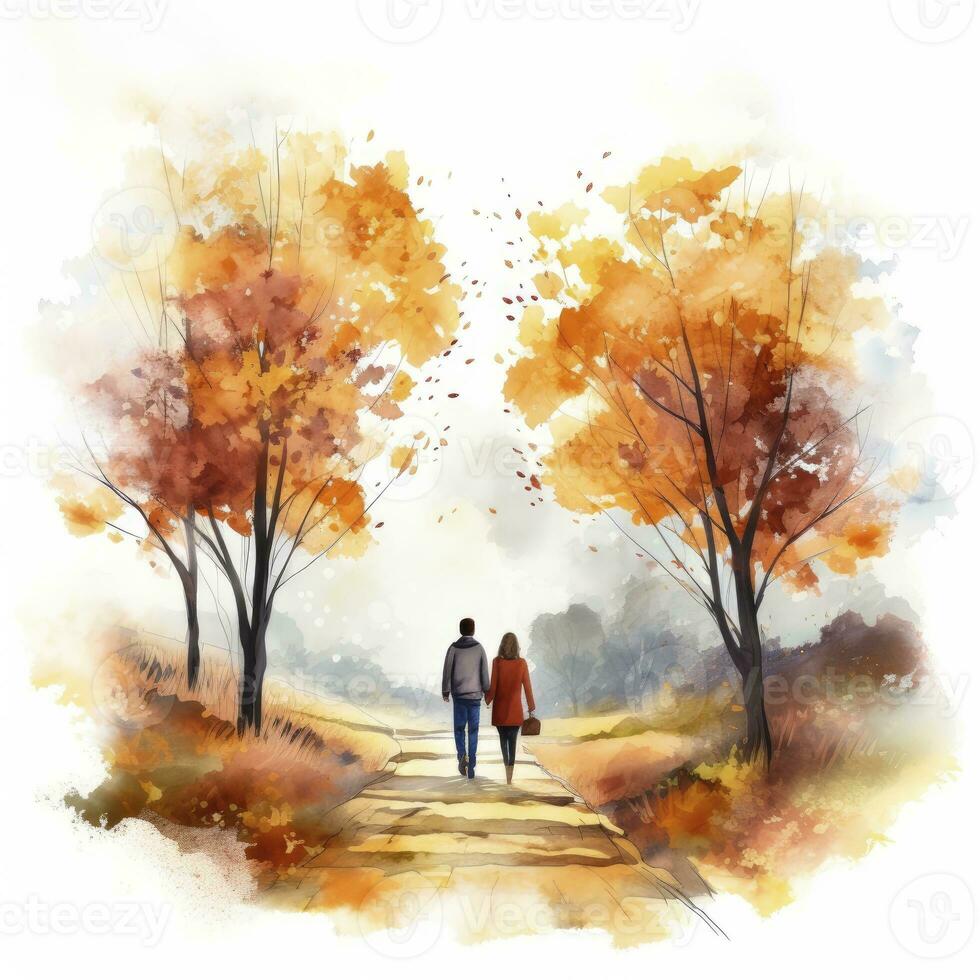 AI generated Watercolor autumn landscape with a couple walking. AI Generated photo