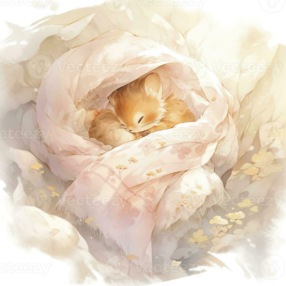 AI generated A sleepy baby squirrel in a bedding. watercolor illustration. AI Generated photo