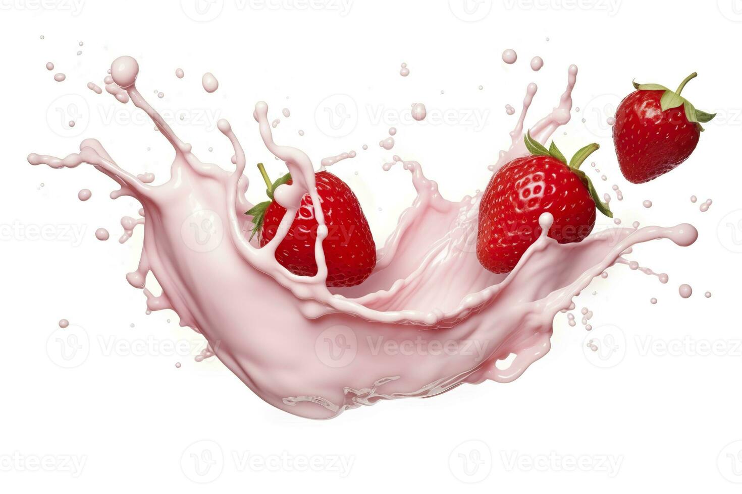 AI generated milk or yogurt splash with strawberries isolated on white background, 3d rendering. AI Generated photo