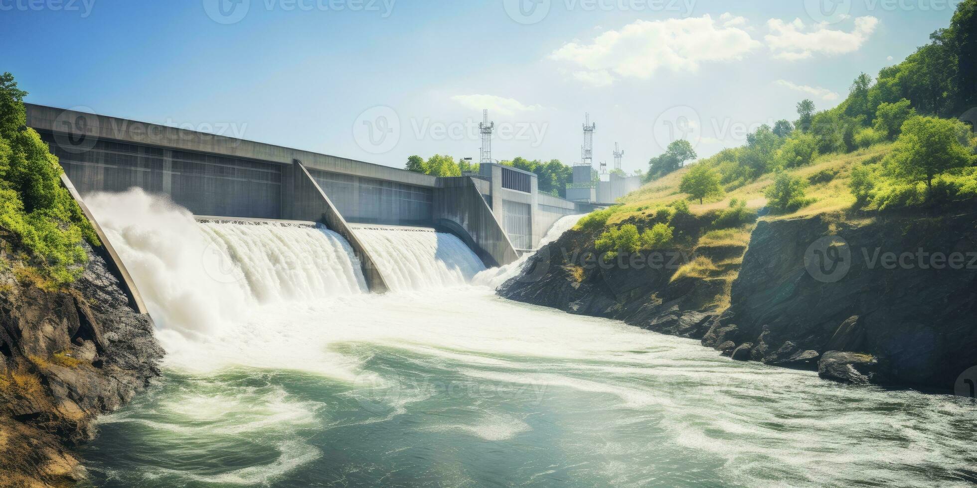 ai generado hidroeléctrico represa generando verde energía desde fluido agua. ai generado. foto