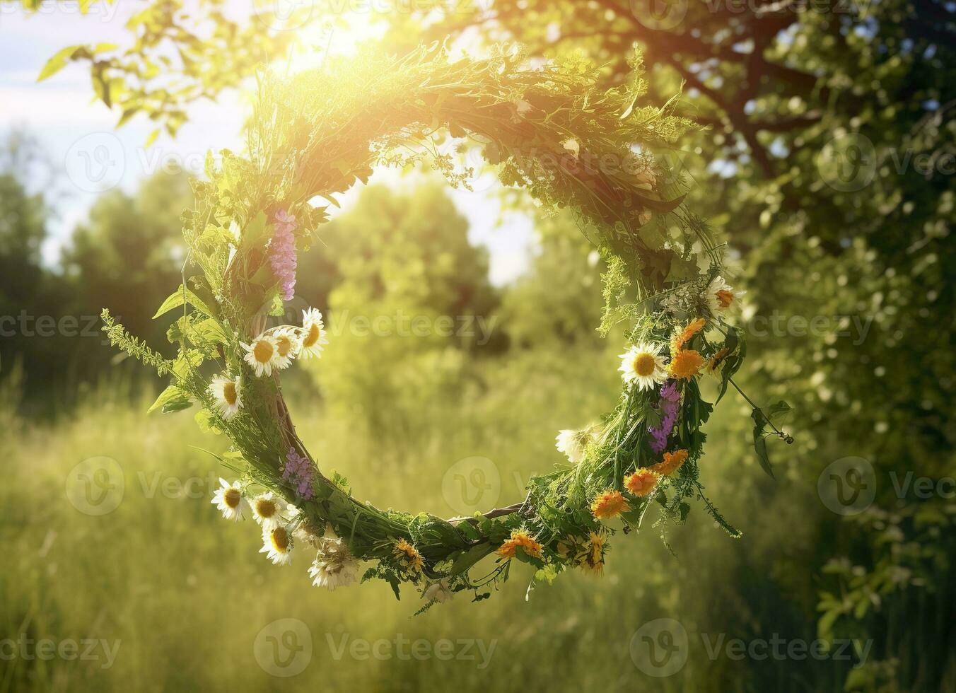 AI generated Rustic wildflowers wreath on a sunny meadow. Summer Solstice Day, Midsummer concept. Generative AI photo