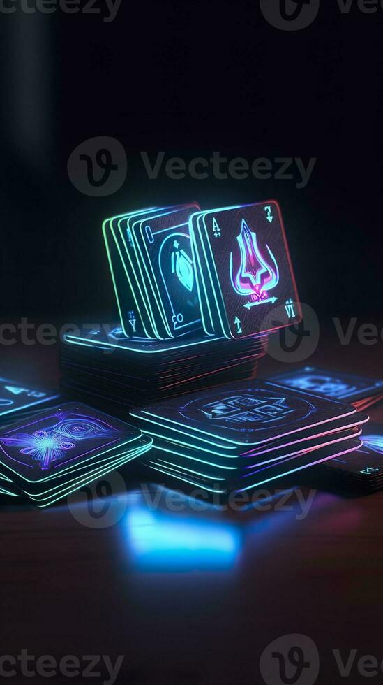 AI generated Some playing cards with glowing neon designs on a tablet. Generative AI photo