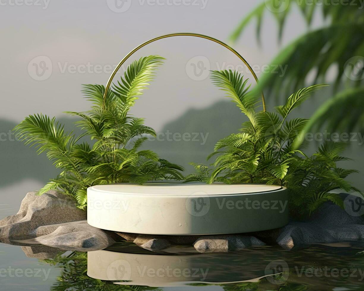 AI generated Stone product display podium for cosmetic product with green nature garden background. Generative AI photo