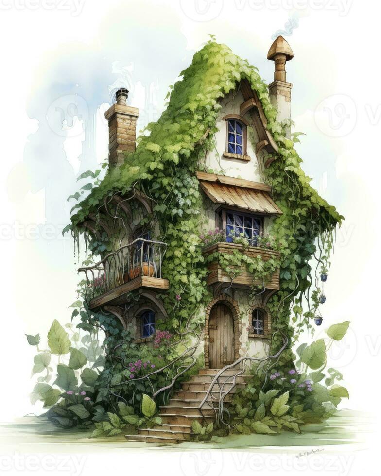 AI generated Watercolor mossy cottage isolated on white background. AI Generated photo