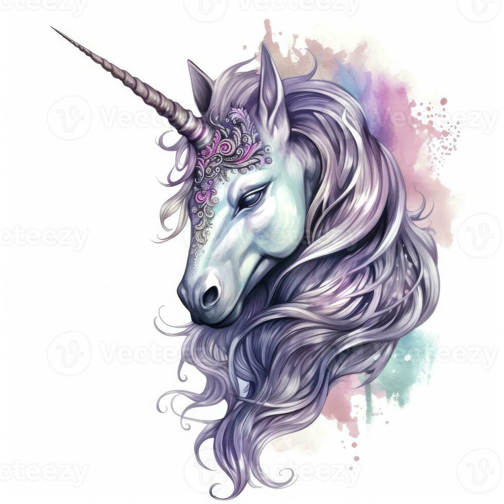 AI generated Watercolor fantasy unicorn clip art. AI Generated photo