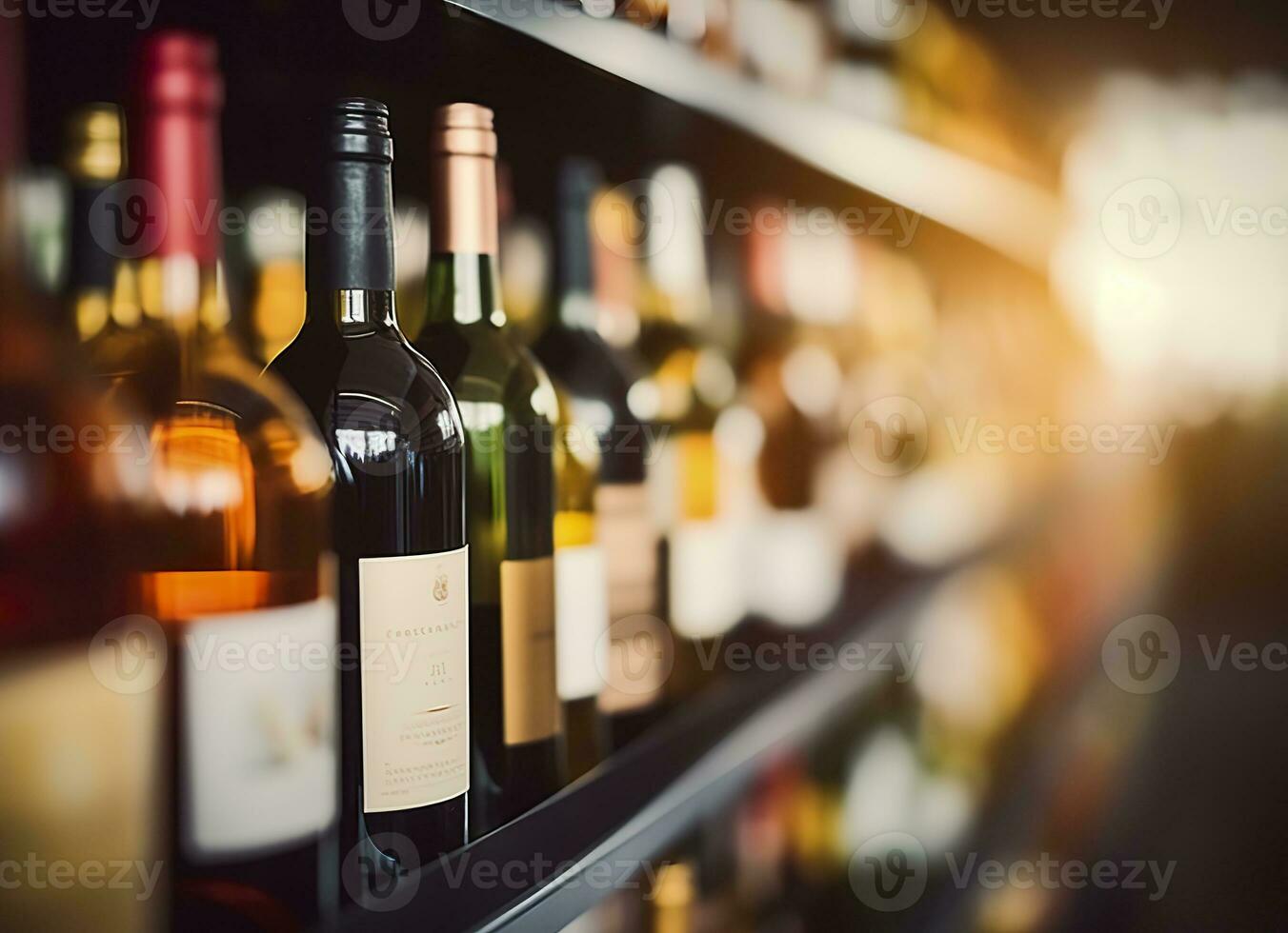 AI generated Abstract blur wine bottles on liquor alcohol shelves in supermarket store background. Generative AI photo
