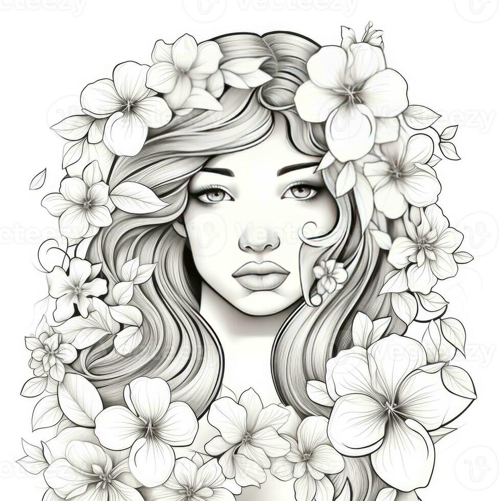 AI generated A girl on a coloring book page with Jasmine flowers. AI Generated photo