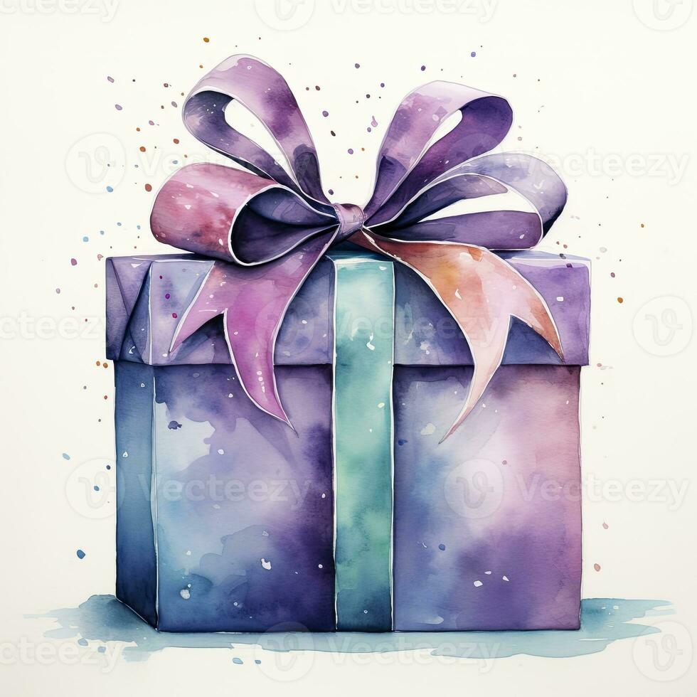 AI generated Watercolor birthday present with bow isolated on white background.  AI Generated photo