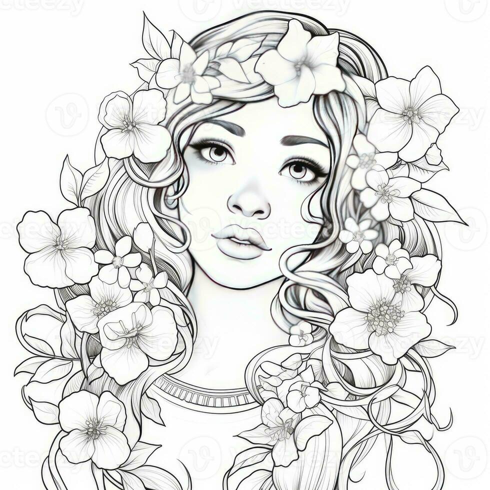 AI generated A girl on a coloring book page with Jasmine flowers. AI Generated photo