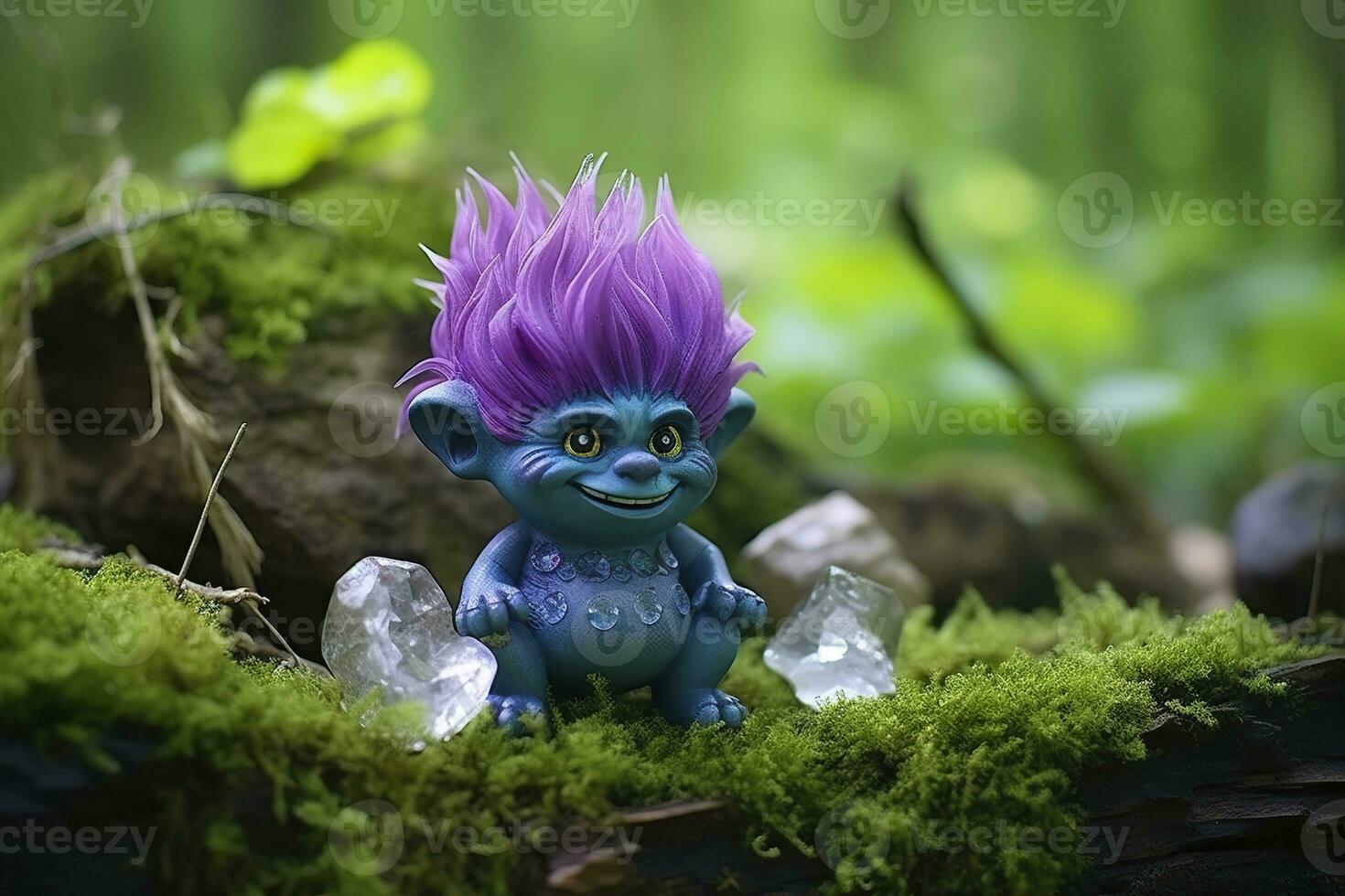 AI generated Tale troll with crystals in the forest, natural green background. Generative AI photo