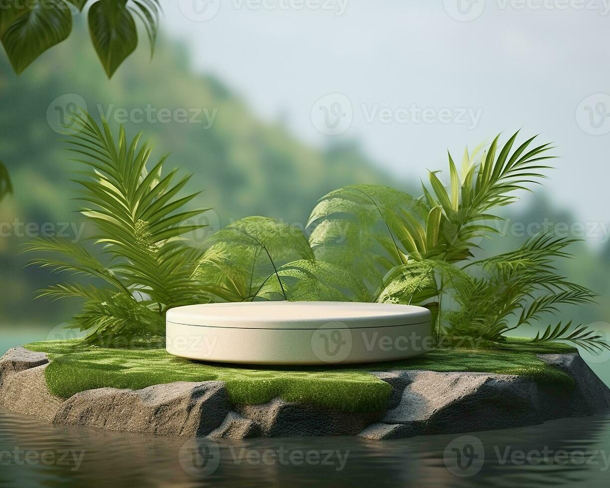 AI generated Stone product display podium for cosmetic product with green nature garden background. Generative AI photo