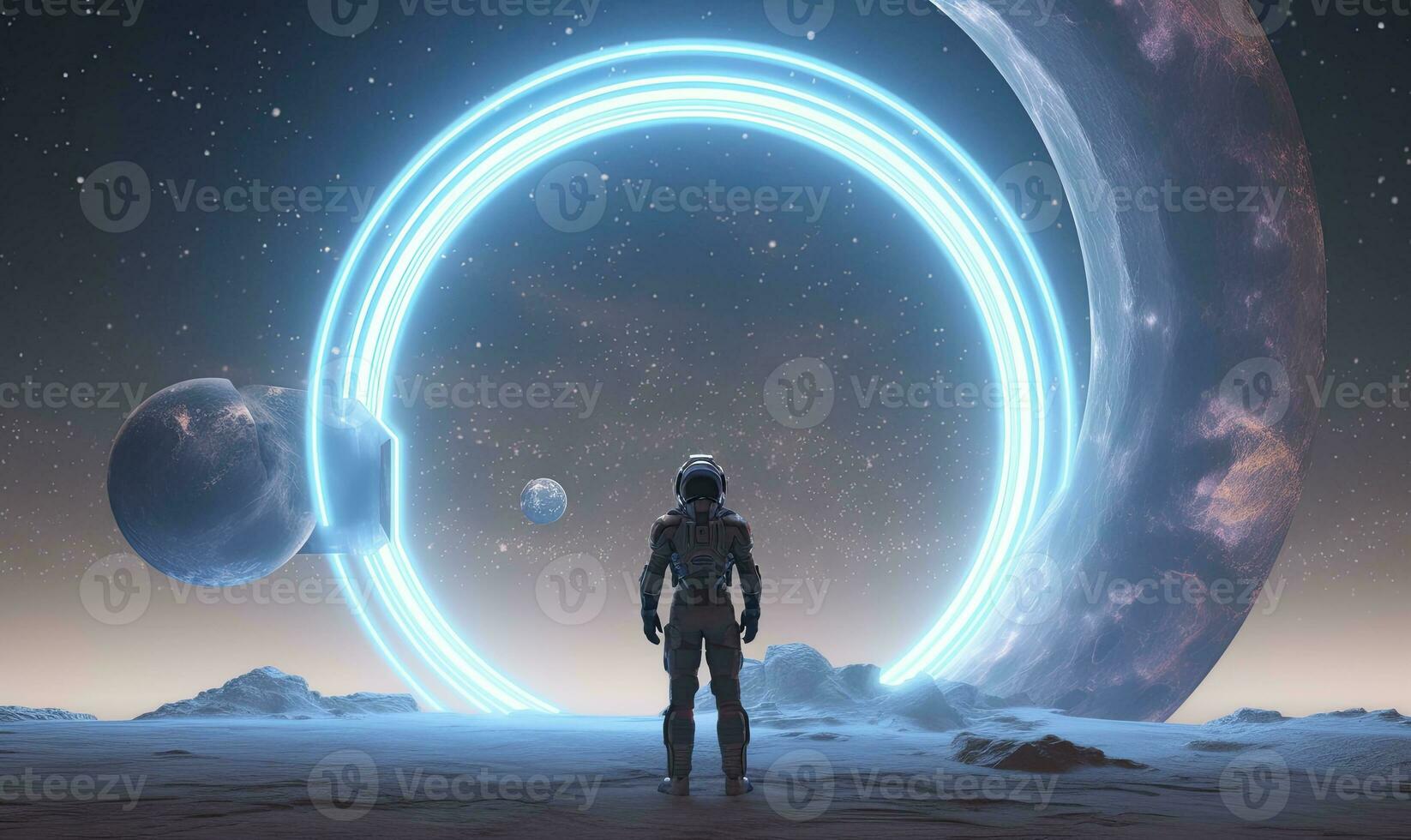 AI generated Astronaut in front of dimensional portal.  AI Generated. photo