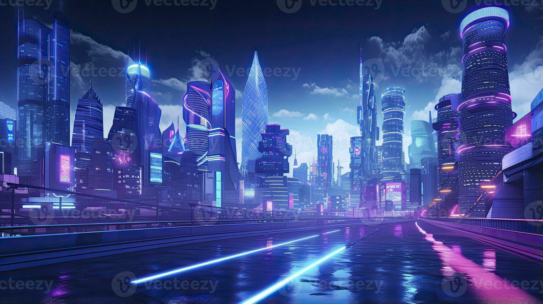 AI generated A futuristic, cyberpunk inspired cityscape at night. AI Generated photo