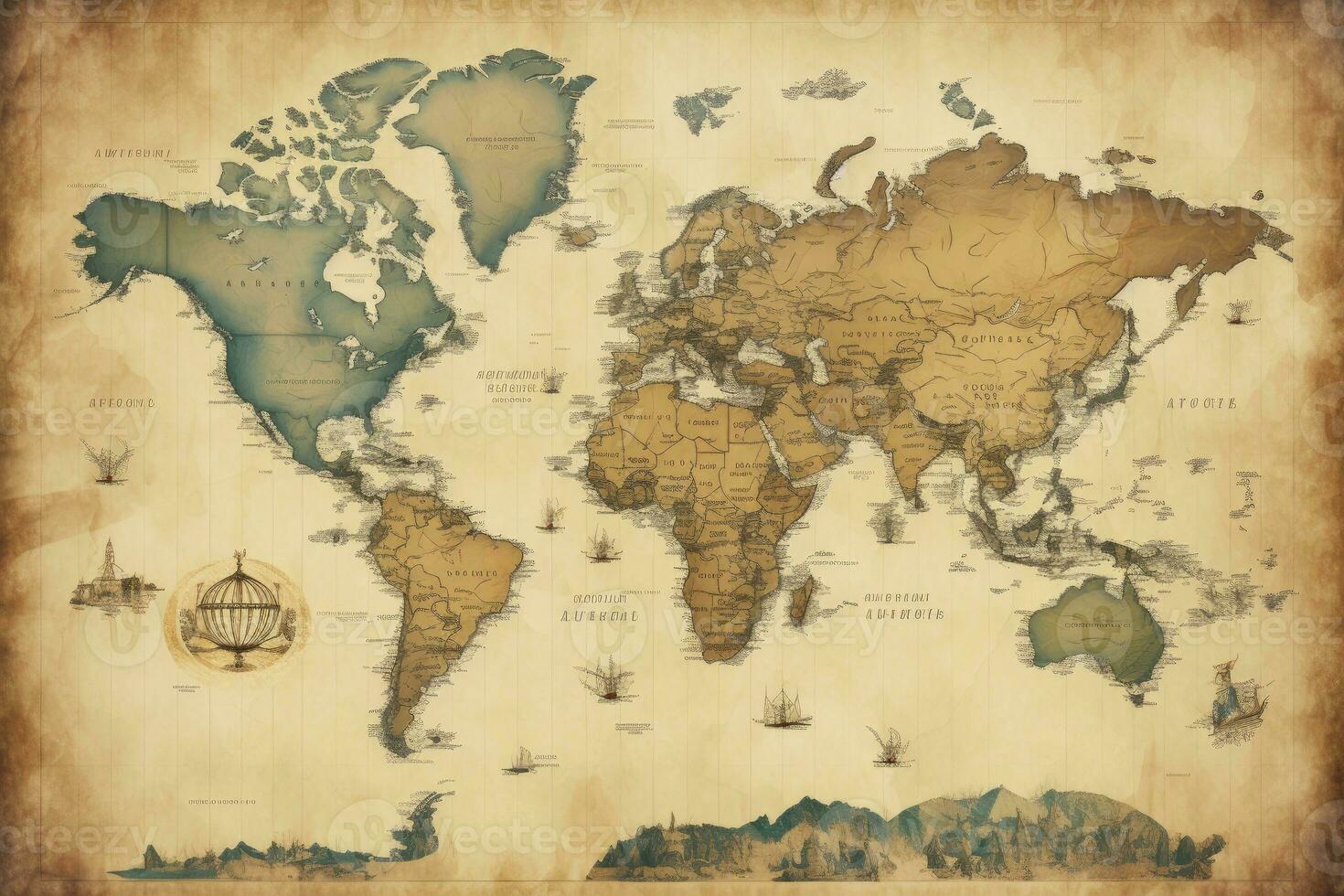 AI generated Great detailed illustration of the world map in vintage style. AI Generated photo