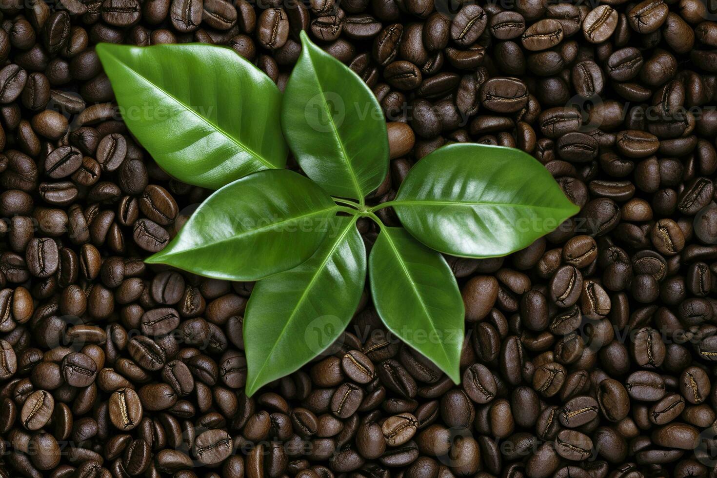 AI generated Green leaves with coffee beans as background. AI Generated photo
