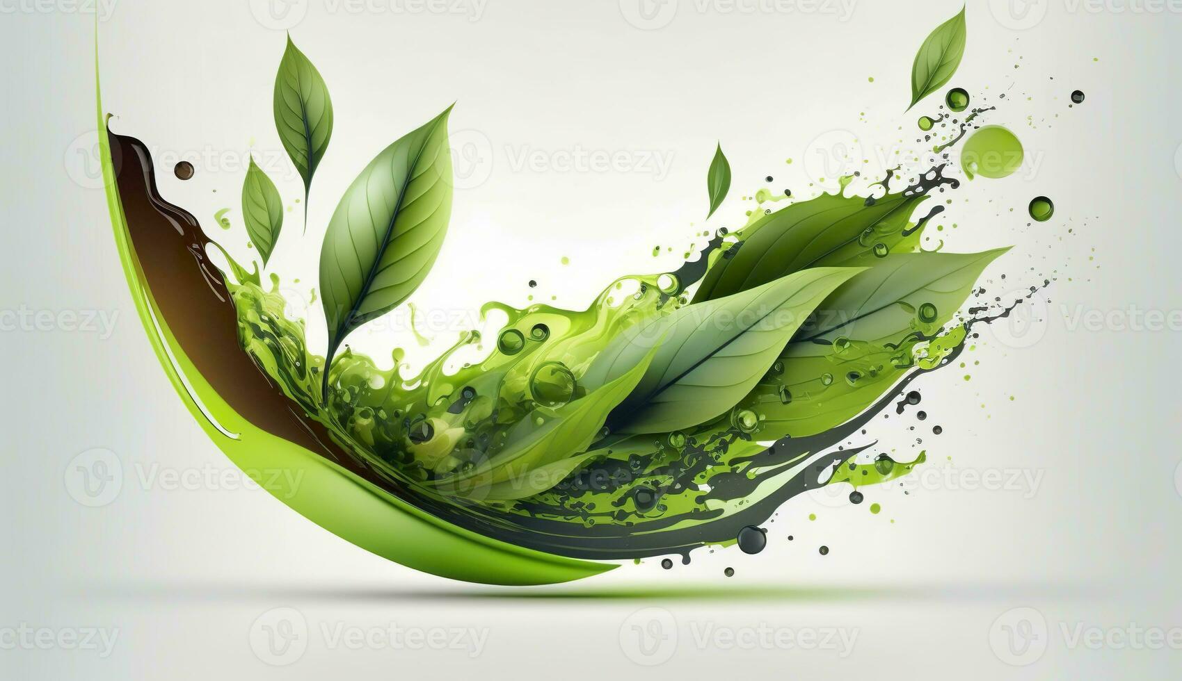 AI generated Green herbal tea wave splash with leaves flow. AI Generated photo