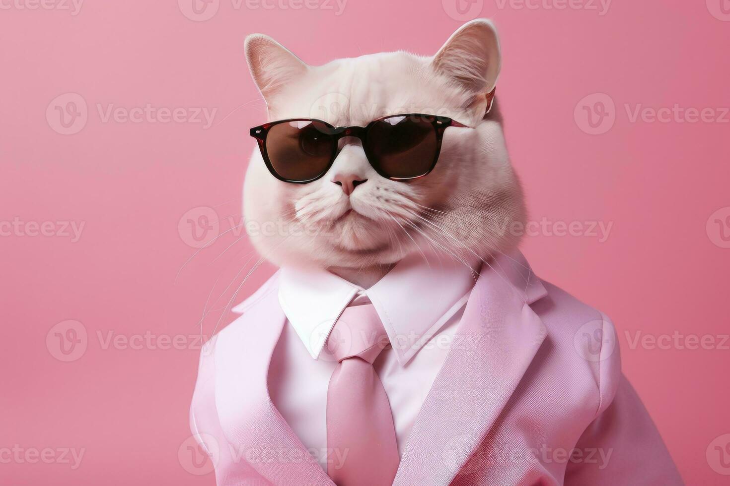 AI generated A cat is wearing sunglasses and suit on Pink Background. AI Generated photo