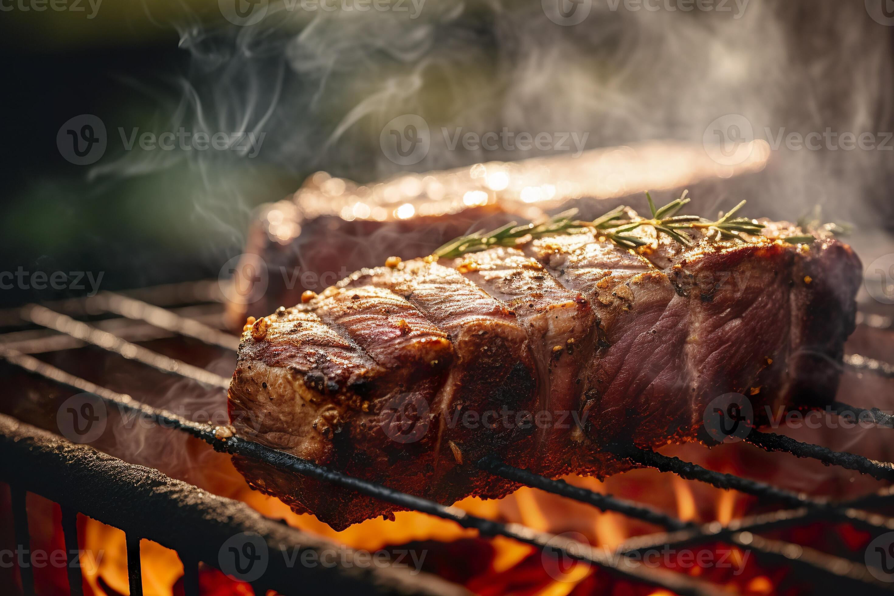 AI generated Meat grilling on a charcoal grill with smoke rising. AI