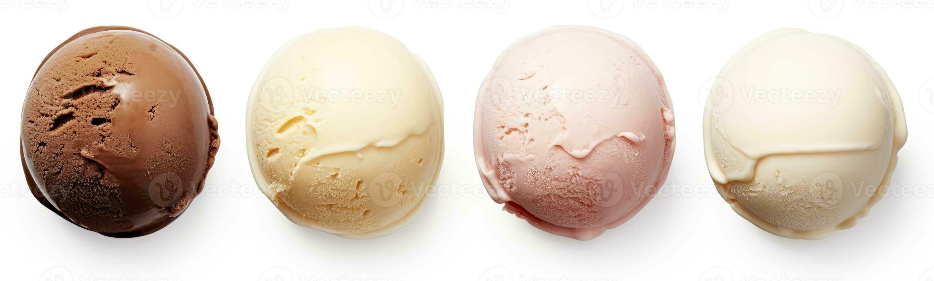 AI generated Set of four various ice cream balls or scoops isolated on white background. AI Generated photo