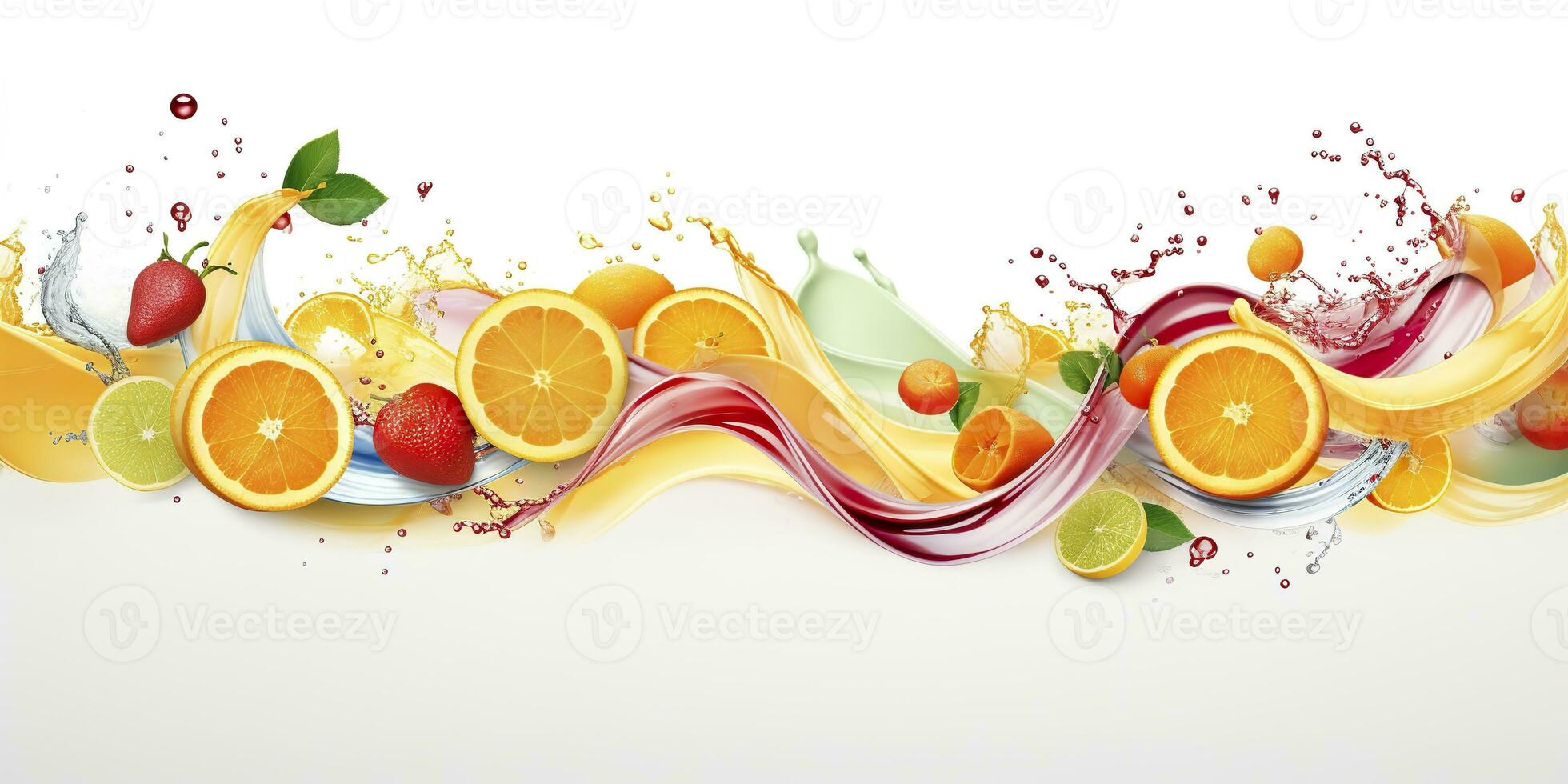 AI generated Swirl water splash with fruits. liquid flow with ice cubes and a mix of fresh fruits. Generative AI photo