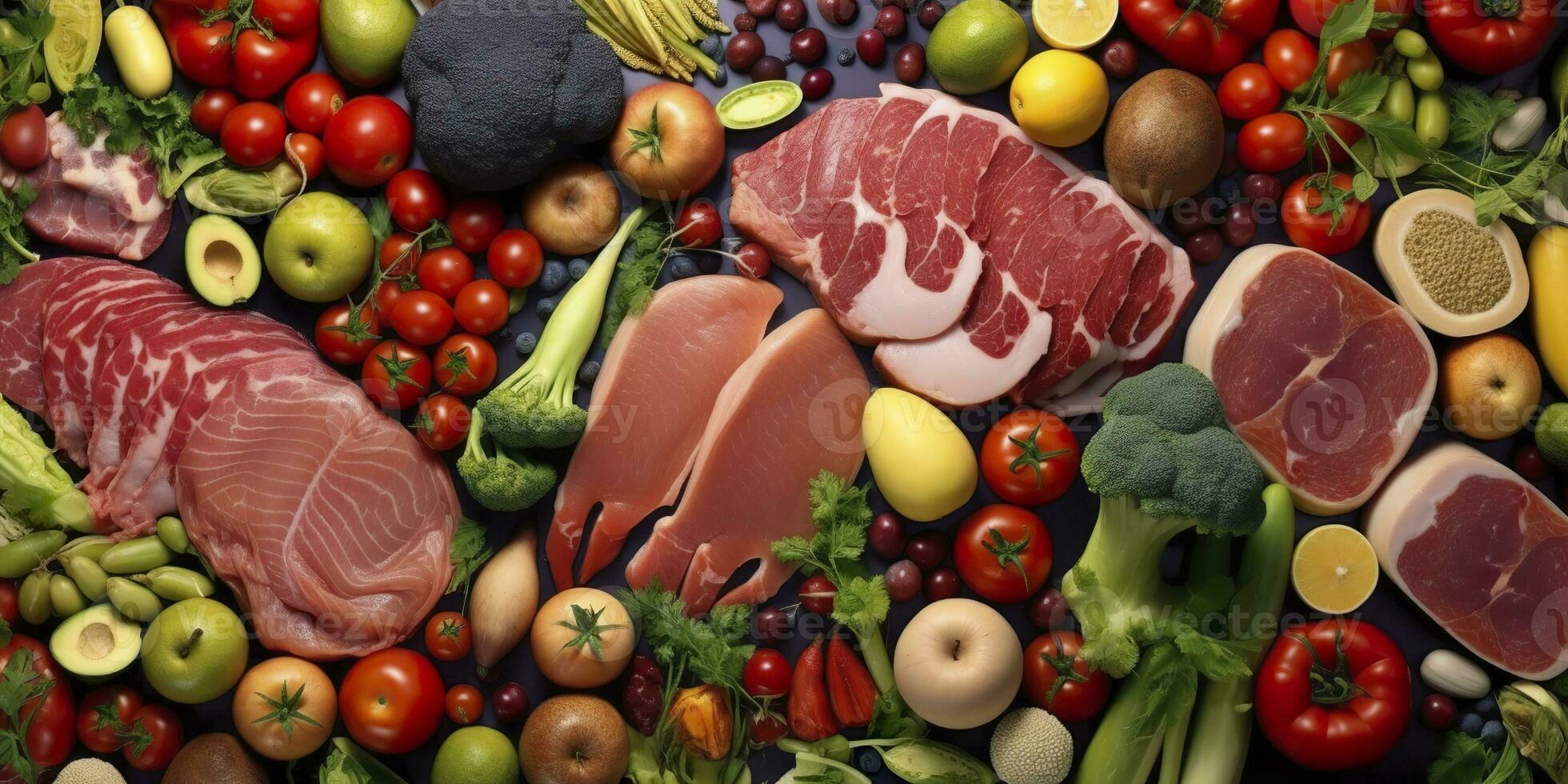 AI generated Different types of meats, vegetables, and fruits lay in supermarkets. Generative AI photo