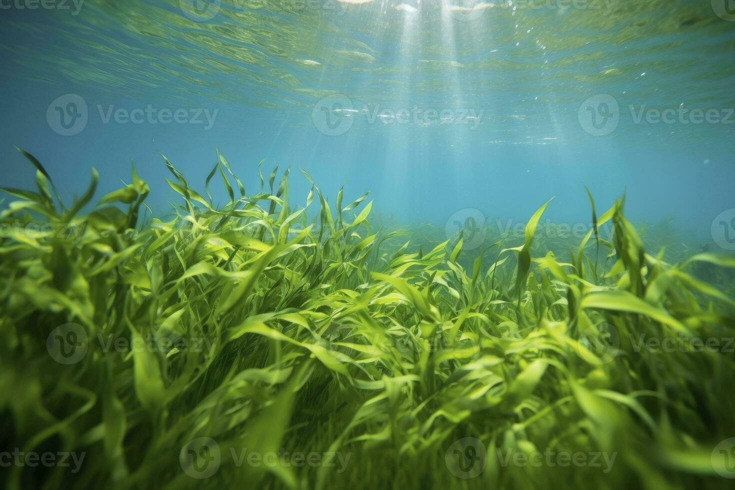 AI generated Underwater view of a group of seabed with green seagrass. AI Generated photo