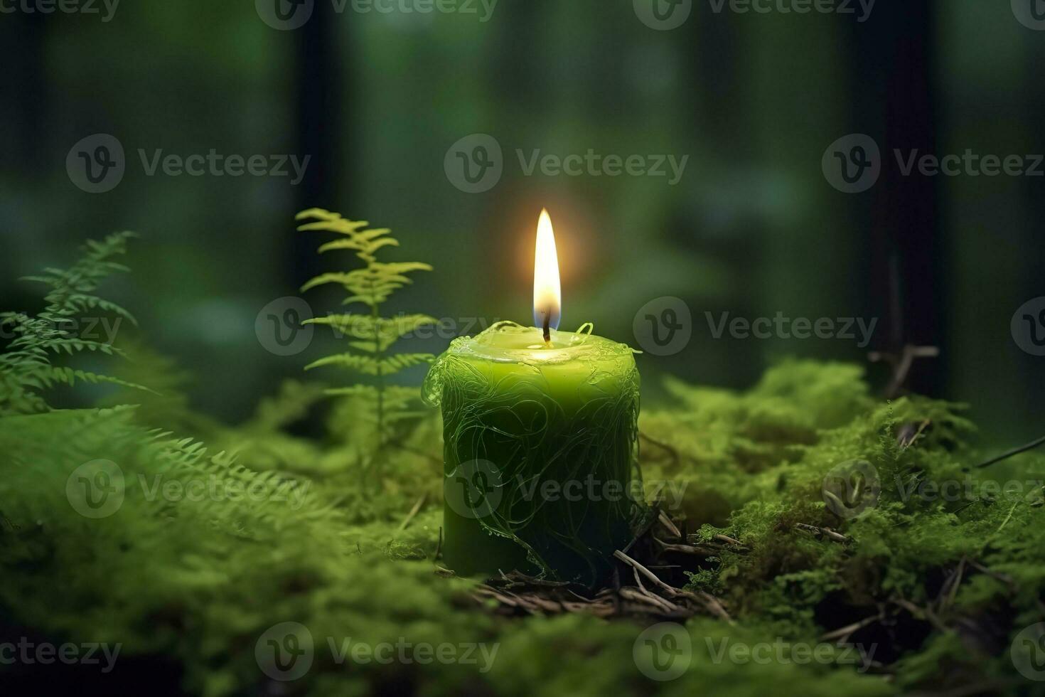 AI generated Burning candle on moss, dark green blurred the natural background. Magic candle. Generative AI photo