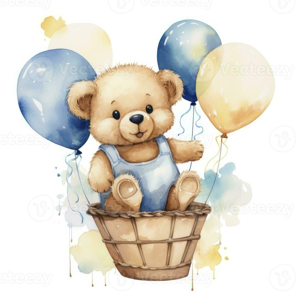 AI generated A watercolor baby teddy bear is sitting in the basket with blue and gold balloons. AI Generated photo