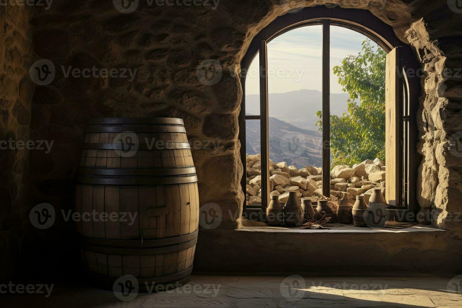 AI generated Barrel in an ancient castle beside the window. AI Generated photo